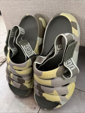 UGG Camouflage Slip-On Sandals in Olive Green, Yellow & Taupe